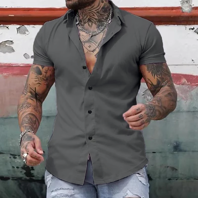 Kurzarmhemd – Slim-Fit-Herrenhemd mit Kragen und Knopfleiste-Grau-S-Chaps Herrenmode
