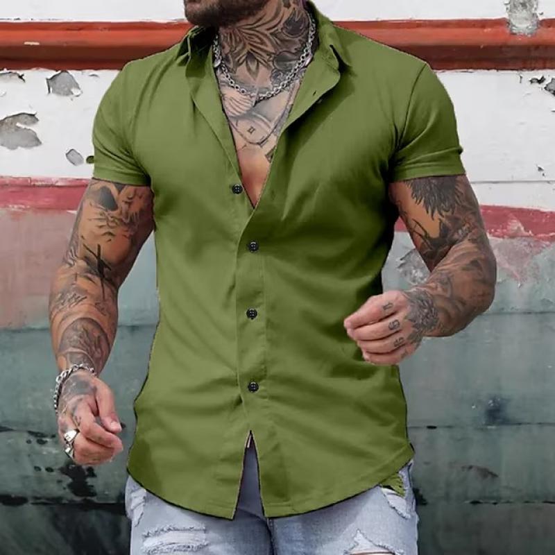 Kurzarmhemd – Slim-Fit-Herrenhemd mit Kragen und Knopfleiste-Grün-S-Chaps Herrenmode