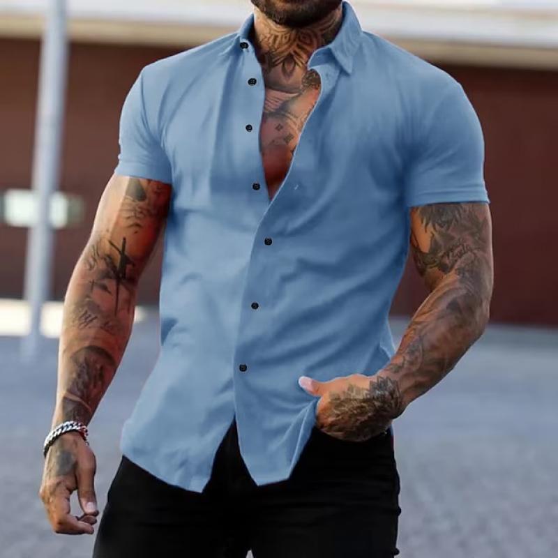 Kurzarmhemd – Slim-Fit-Herrenhemd mit Kragen und Knopfleiste-Hellblau-S-Chaps Herrenmode