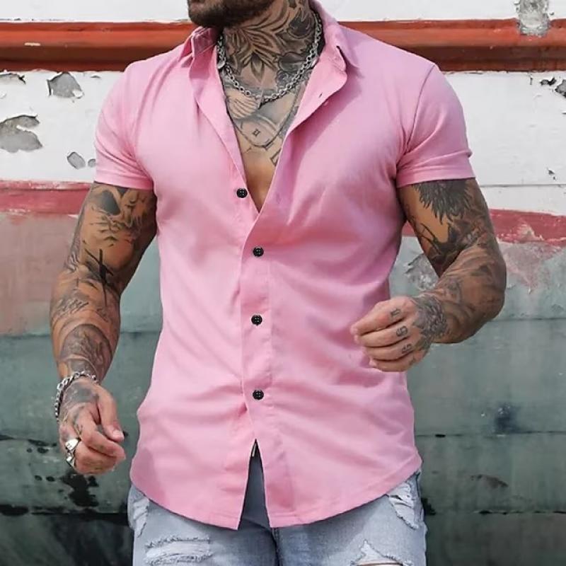 Kurzarmhemd – Slim-Fit-Herrenhemd mit Kragen und Knopfleiste-Rosa-S-Chaps Herrenmode
