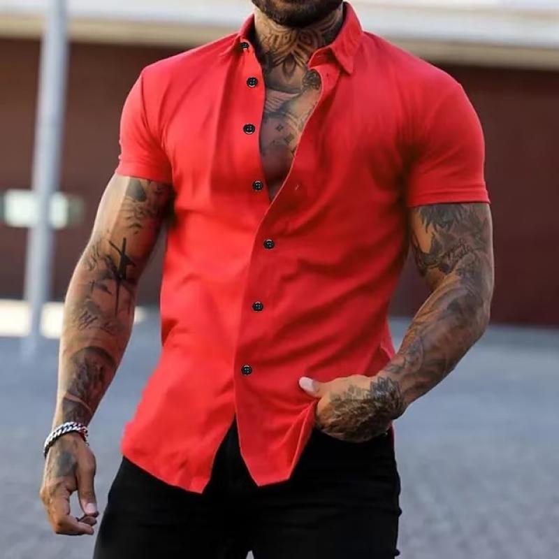 Kurzarmhemd – Slim-Fit-Herrenhemd mit Kragen und Knopfleiste-Rot-S-Chaps Herrenmode