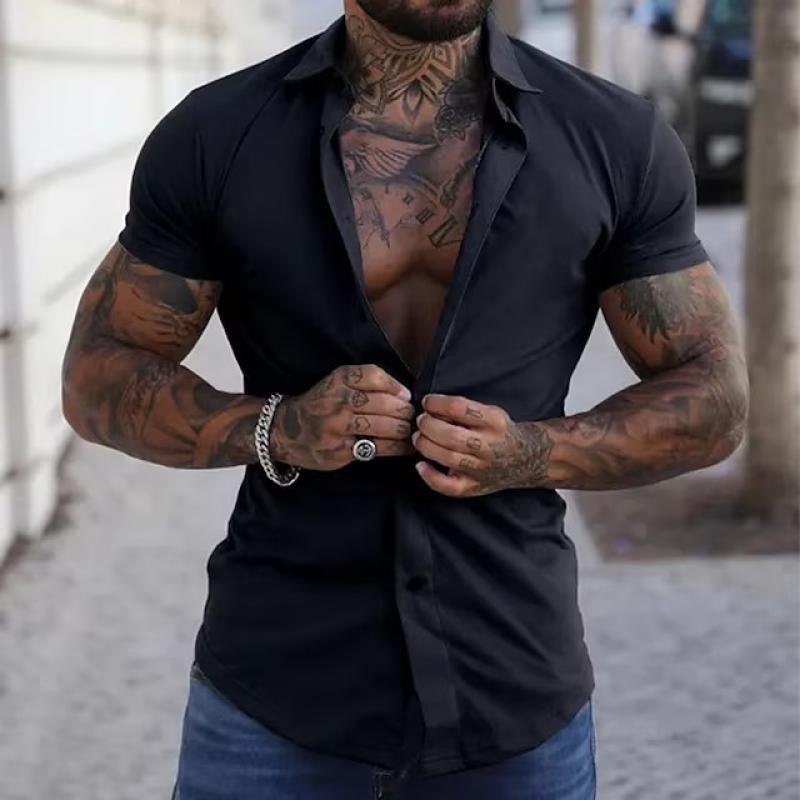 Kurzarmhemd – Slim-Fit-Herrenhemd mit Kragen und Knopfleiste-Schwarz-S-Chaps Herrenmode