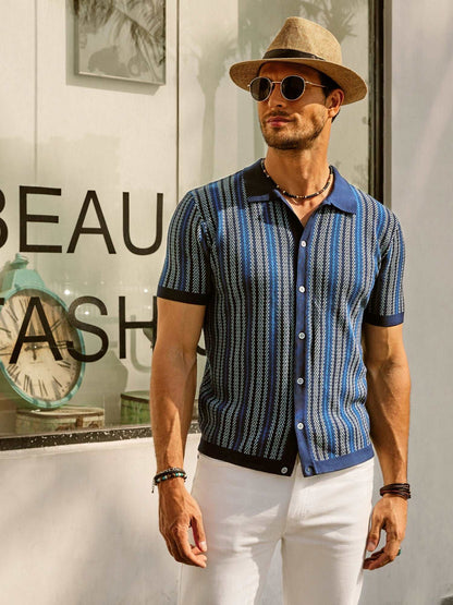 Kurzarmhemd | Vintage | Gestreift | Kragenhemd | Herrenhemden-Blau-S-Chaps Herrenmode