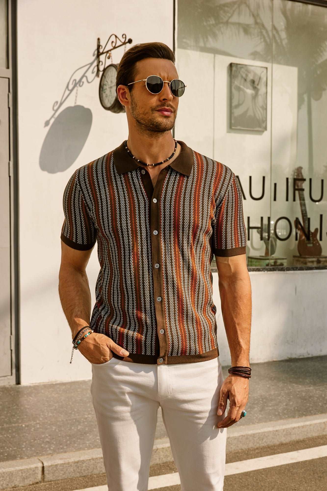 Kurzarmhemd | Vintage | Gestreift | Kragenhemd | Herrenhemden-Braun-S-Chaps Herrenmode