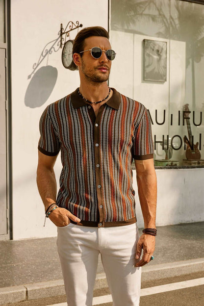 Kurzarmhemd | Vintage | Gestreift | Kragenhemd | Herrenhemden-Braun-S-Chaps Herrenmode