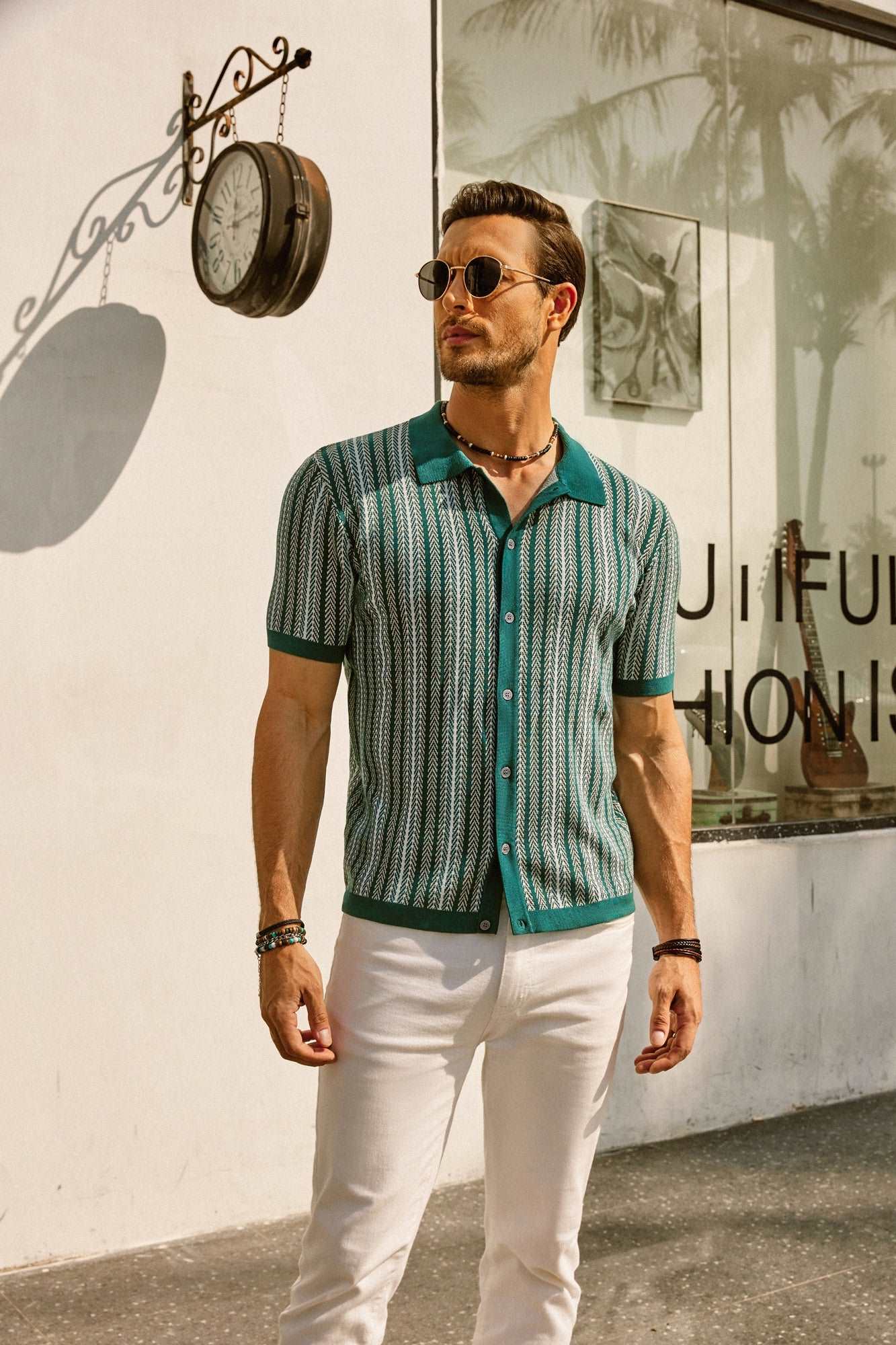 Kurzarmhemd | Vintage | Gestreift | Kragenhemd | Herrenhemden-Grün-S-Chaps Herrenmode