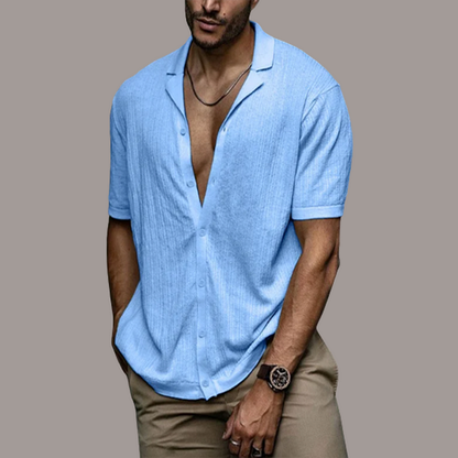 Kurzarmhemd mit Knopfleiste | Leicht | Lockere Passform | Poloshirt | Herrenhemden-Blau-S-Chaps Herrenmode