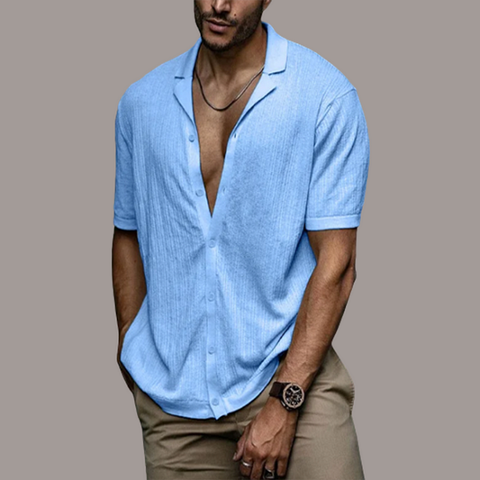 Kurzarmhemd mit Knopfleiste | Leicht | Lockere Passform | Poloshirt | Herrenhemden-Blau-S-Chaps Herrenmode
