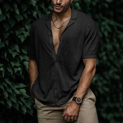 Kurzarmhemd mit Knopfleiste | Leicht | Lockere Passform | Poloshirt | Herrenhemden-Schwarz-S-Chaps Herrenmode