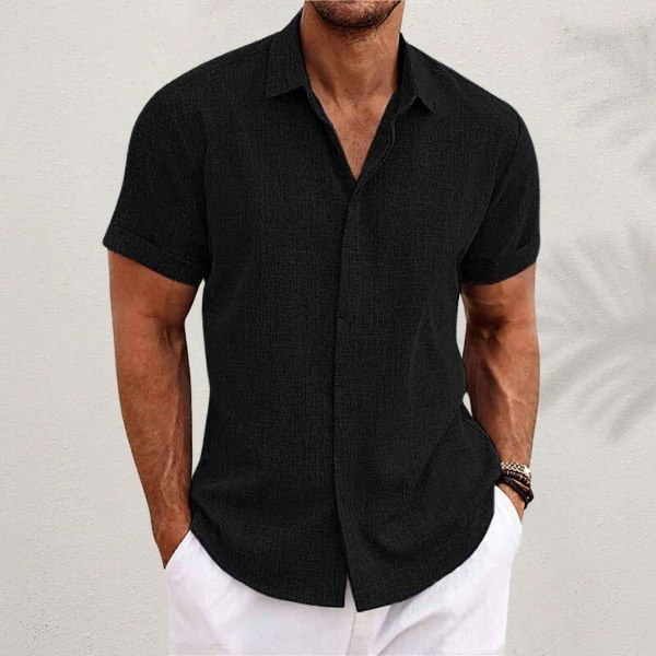 Kurzarmhemd – zum Knöpfen – Sommer – Leinenhemd – Herrenhemden-Schwarz-XS-Chaps Herrenmode