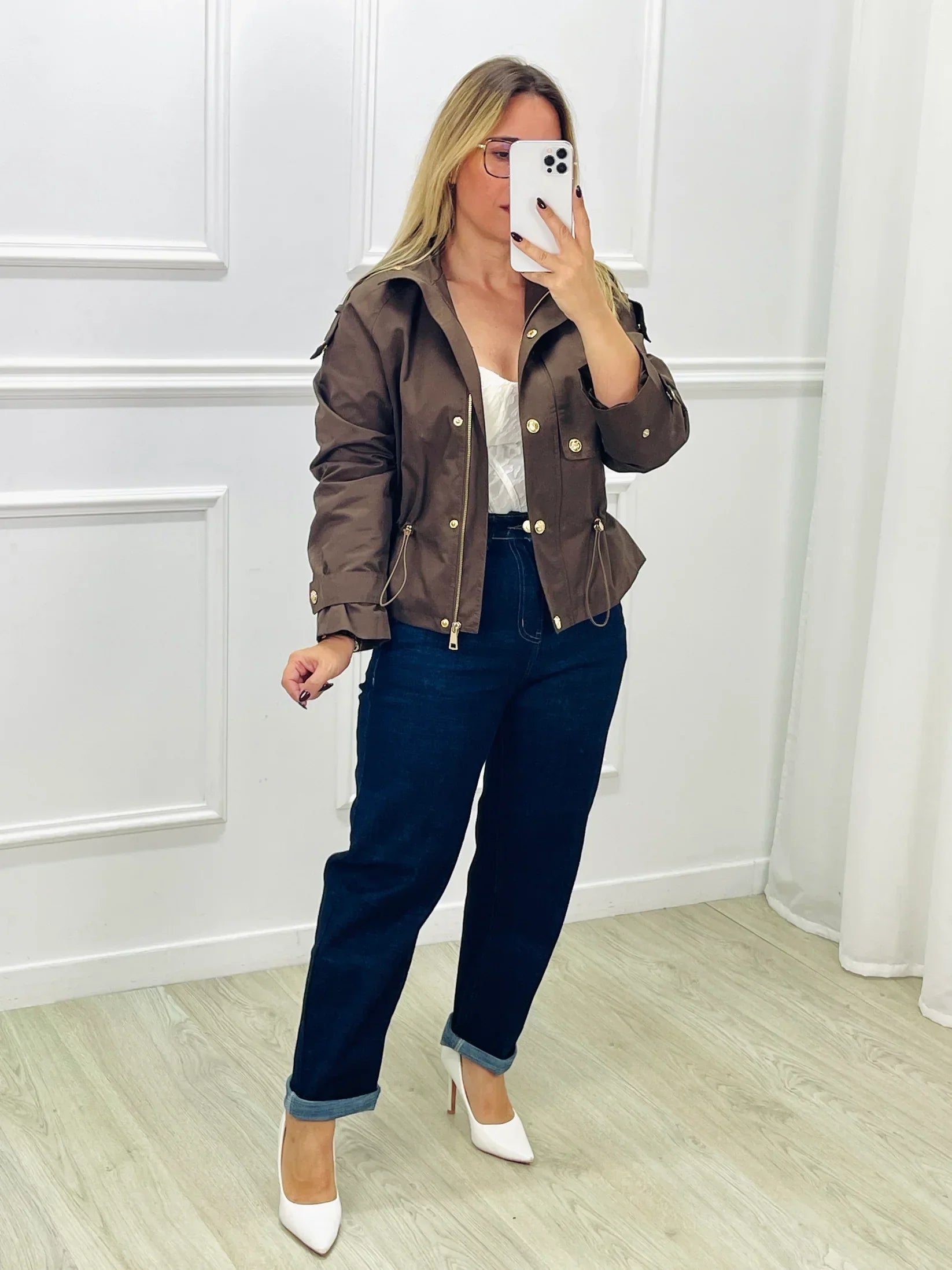 Kurze Trenchcoat-Jacke - Taille mit Kordelzug - Herbst - Kurzer Trenchcoat - Damenjacke-Chaps Herrenmode