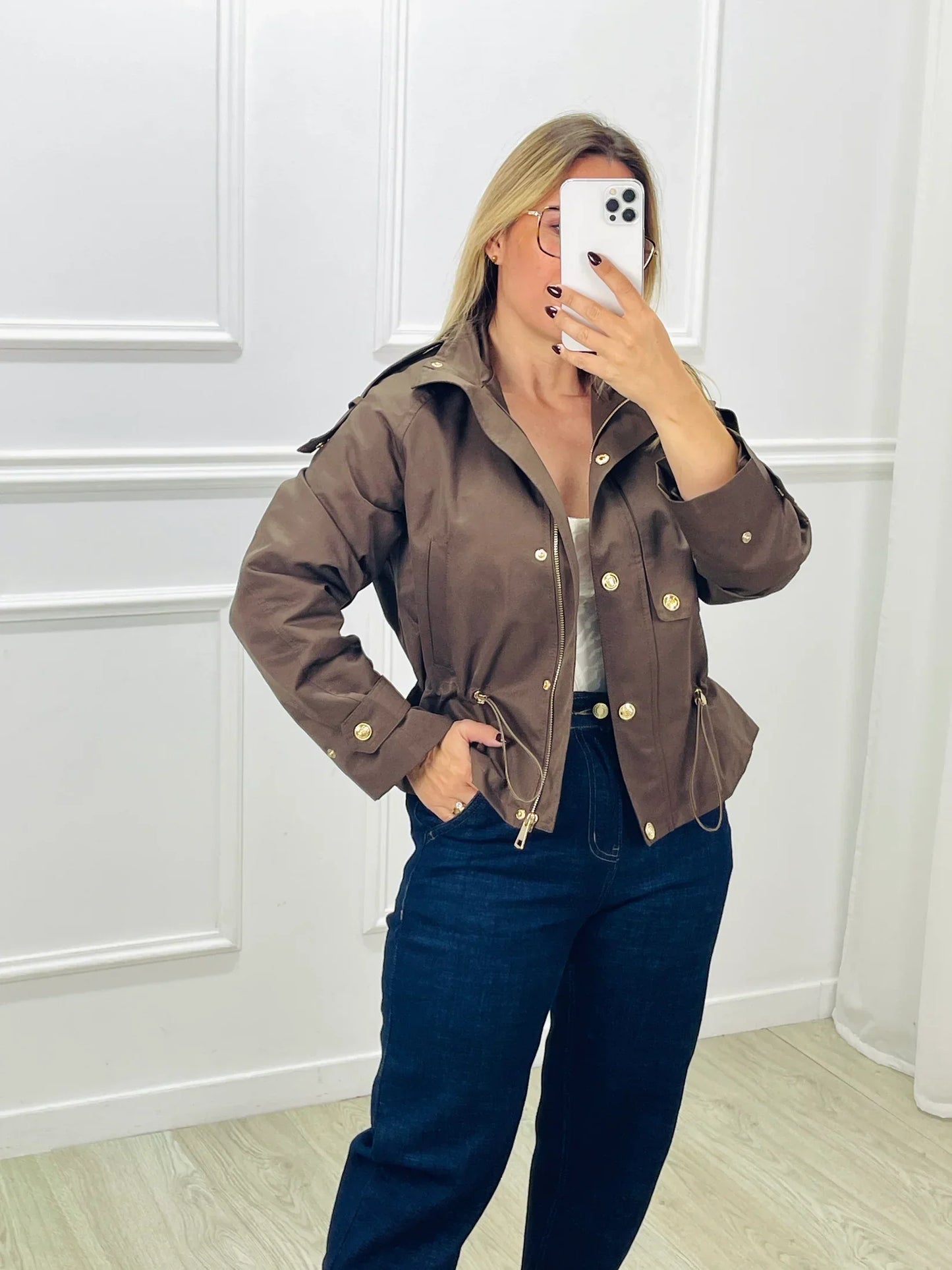 Kurze Trenchcoat-Jacke - Taille mit Kordelzug - Herbst - Kurzer Trenchcoat - Damenjacke-Chaps Herrenmode