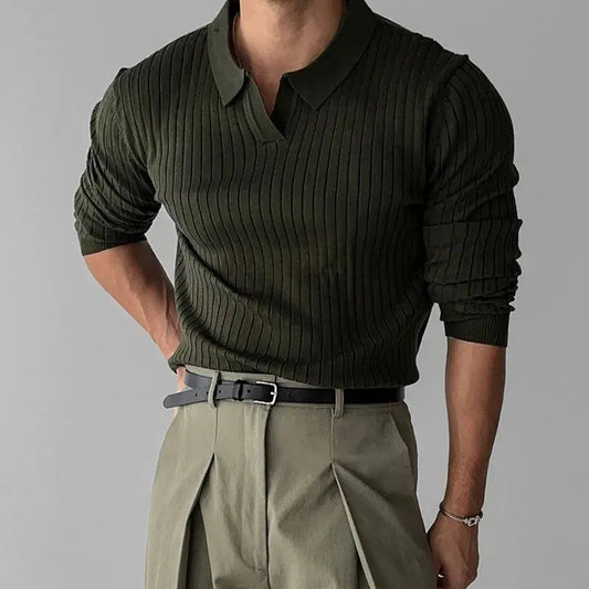 Langarm-Polo | Umlegekragen | Rippstrick | Poloshirts | Herrenhemden-Schwarz-S-Chaps Herrenmode