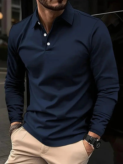 Langarm-Polohemd – Atmungsaktiv – Halbgeknöpft – Polohemd – Herrenhemden-Marineblau-S-Chaps Herrenmode