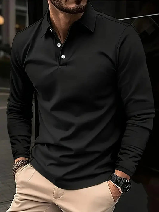 Langarm-Polohemd – Atmungsaktiv – Halbgeknöpft – Polohemd – Herrenhemden-Schwarz-S-Chaps Herrenmode