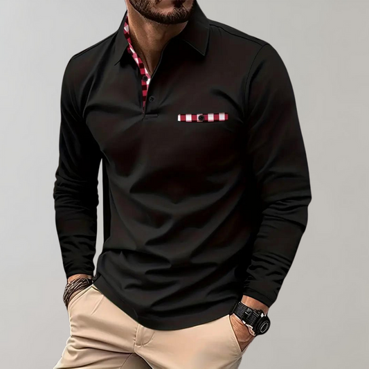 Langarm-Polohemd – halbe Knopfleiste – Umlegekragen – Langarmhemd – Herrenhemden-Schwarz-S-Chaps Herrenmode
