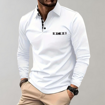 Langarm-Polohemd – halbe Knopfleiste – Umlegekragen – Langarmhemd – Herrenhemden-Weiß-S-Chaps Herrenmode