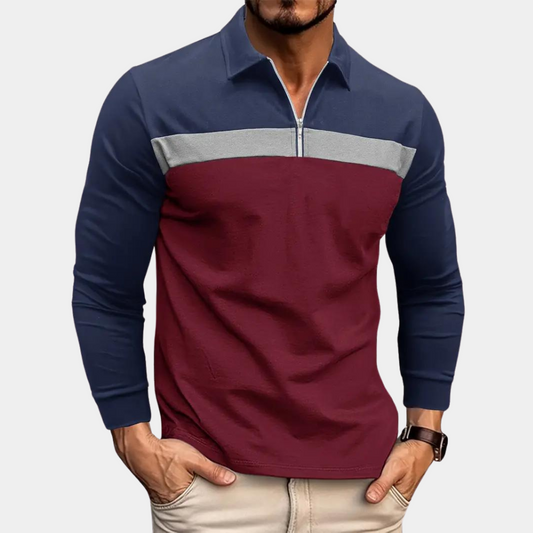 Langarm-Poloshirt – Langarm-T-Shirt mit Kragen und Viertelreißverschluss für Herren-Burgunderrot-S-Chaps Herrenmode