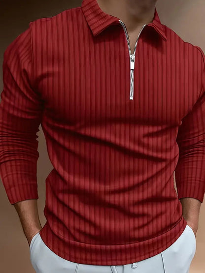 Langarm-Poloshirt | Viertelreißverschluss | schmale Passform | Polo mit halbem Reißverschluss | Herrenpullover-Burgunderrot-S-Chaps Herrenmode