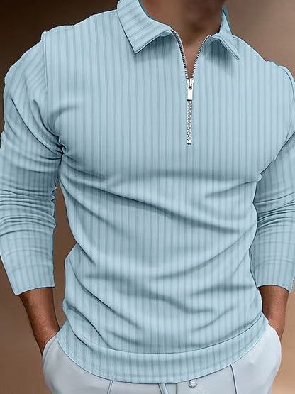 Langarm-Poloshirt | Viertelreißverschluss | schmale Passform | Polo mit halbem Reißverschluss | Herrenpullover-Hellblau-S-Chaps Herrenmode