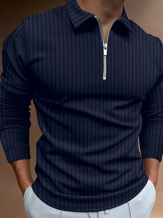 Langarm-Poloshirt | Viertelreißverschluss | schmale Passform | Polo mit halbem Reißverschluss | Herrenpullover-Marineblau-S-Chaps Herrenmode