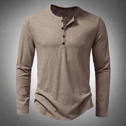 Langarm-T-Shirt – Baumwolle – Viertelknopfleiste – Einfarbige Langarmhemden – Herrenbekleidung-Beige-S-Chaps Herrenmode