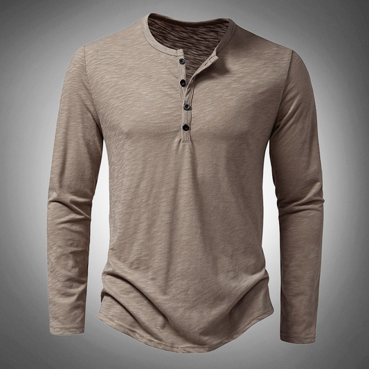 Langarm-T-Shirt – Baumwolle – Viertelknopfleiste – Einfarbige Langarmhemden – Herrenbekleidung-Beige-S-Chaps Herrenmode
