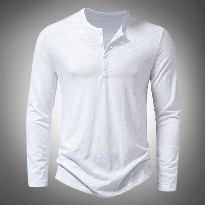 Langarm-T-Shirt – Baumwolle – Viertelknopfleiste – Einfarbige Langarmhemden – Herrenbekleidung-Weiß-S-Chaps Herrenmode