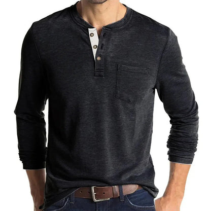 Langarm-T-Shirt – Herren-Basic-Shirt mit Rundhalsausschnitt und viertem Knopf-Dunkelgrau-S-Chaps Herrenmode