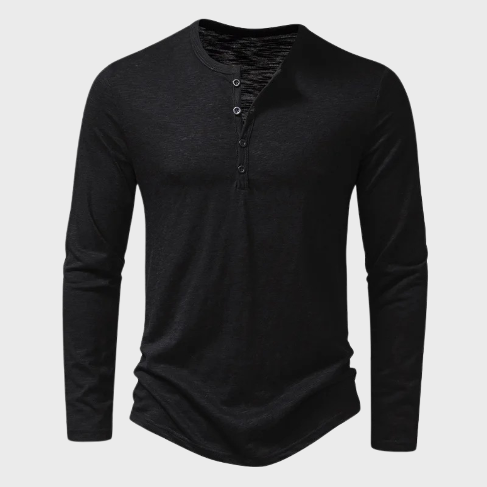 Langarm-T-Shirt - Langarm-Shirt mit Viertelknopfleiste für Männer-Schwarz-S-Chaps Herrenmode