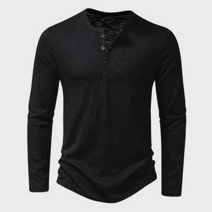 Langarm-T-Shirt - Langarm-Shirt mit Viertelknopfleiste für Männer-Schwarz-S-Chaps Herrenmode