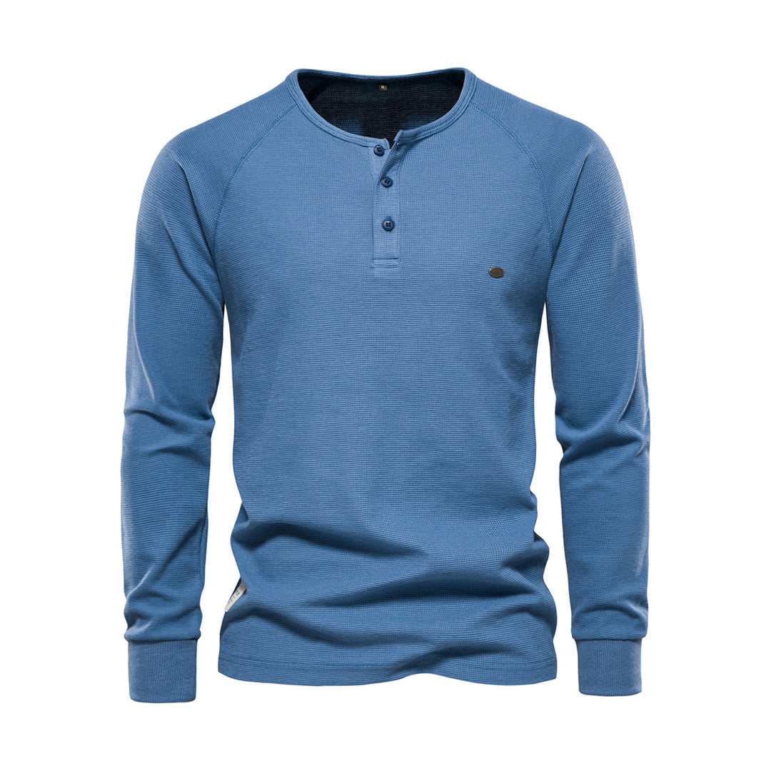 Langarm-T-Shirt - Schlichtes Langarmhemd mit Viertelknopf für Männer-Blau-S-Chaps Herrenmode