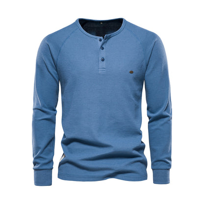 Langarm-T-Shirt - Schlichtes Langarmhemd mit Viertelknopf für Männer-Blau-S-Chaps Herrenmode