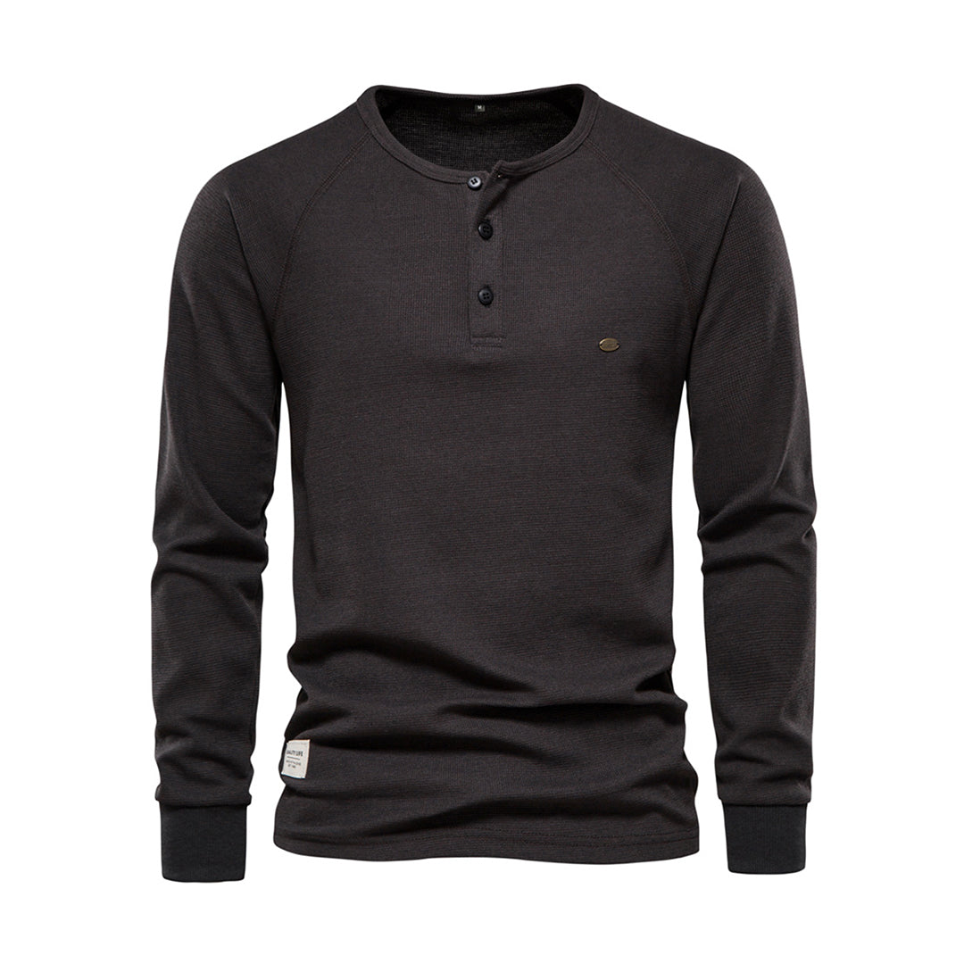 Langarm-T-Shirt - Schlichtes Langarmhemd mit Viertelknopf für Männer-Dunkelgrau-S-Chaps Herrenmode