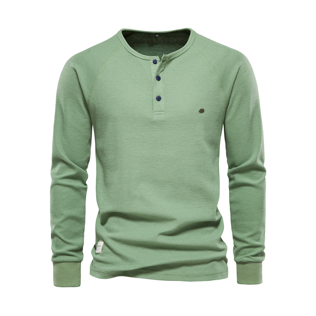Langarm-T-Shirt - Schlichtes Langarmhemd mit Viertelknopf für Männer-Grün-S-Chaps Herrenmode