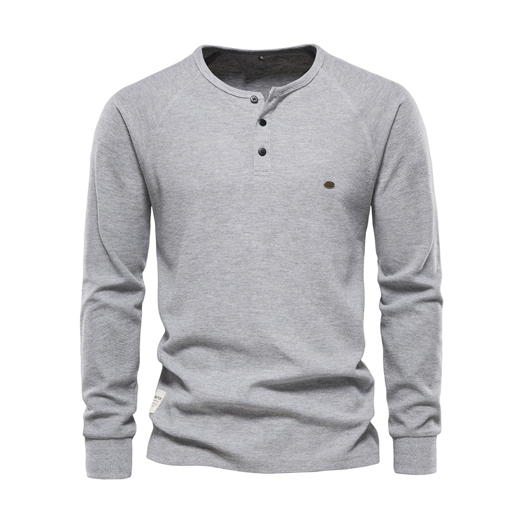 Langarm-T-Shirt - Schlichtes Langarmhemd mit Viertelknopf für Männer-Hellgrau-S-Chaps Herrenmode