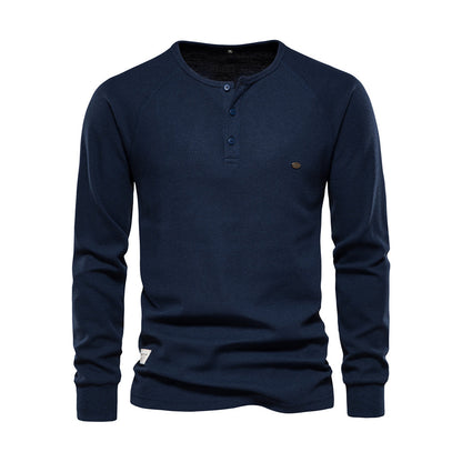 Langarm-T-Shirt - Schlichtes Langarmhemd mit Viertelknopf für Männer-Marineblau-S-Chaps Herrenmode