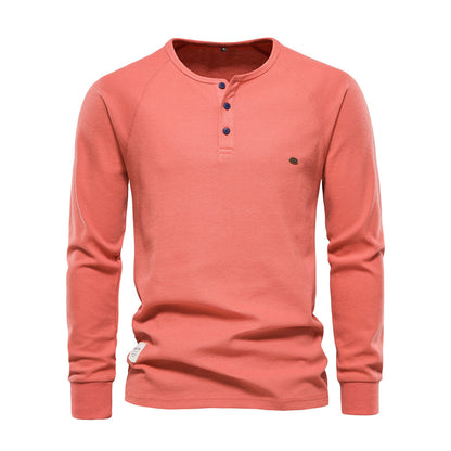 Langarm-T-Shirt - Schlichtes Langarmhemd mit Viertelknopf für Männer-Orange-S-Chaps Herrenmode