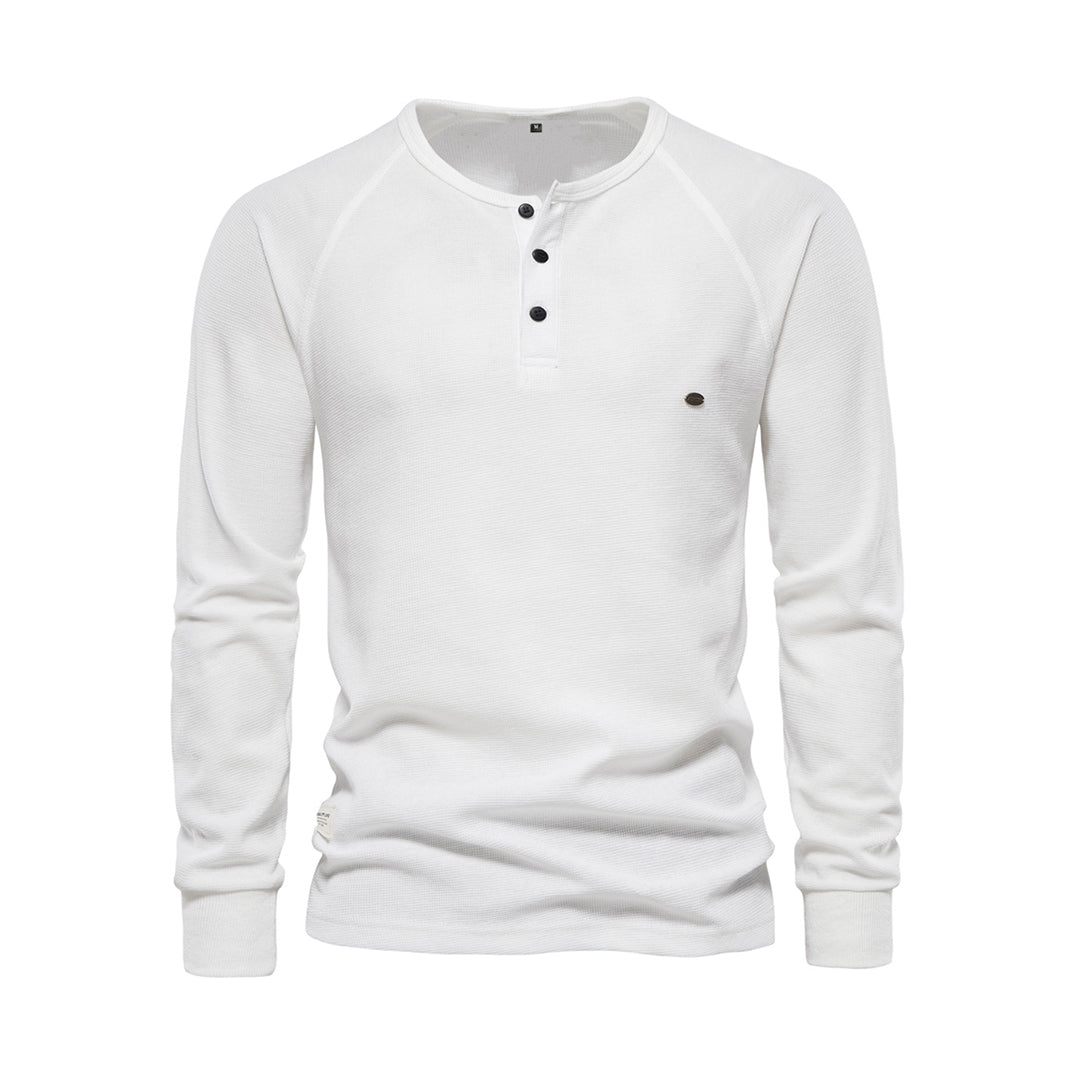 Langarm-T-Shirt - Schlichtes Langarmhemd mit Viertelknopf für Männer-Weiß-S-Chaps Herrenmode