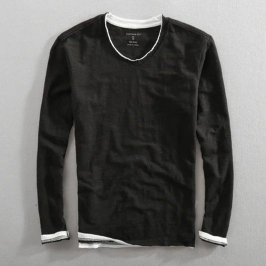 Langarm-T-Shirt | V-Ausschnitt | Langarm-Shirts | Herrenbekleidung-Schwarz-S-Chaps Herrenmode