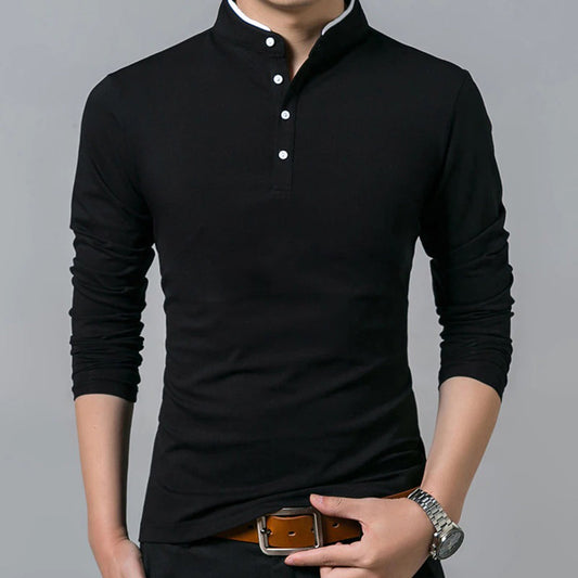 Langarm-T-Shirt – geknöpft – schmal geschnitten – Poloshirt – Herrenbekleidung-Schwarz-M-Chaps Herrenmode