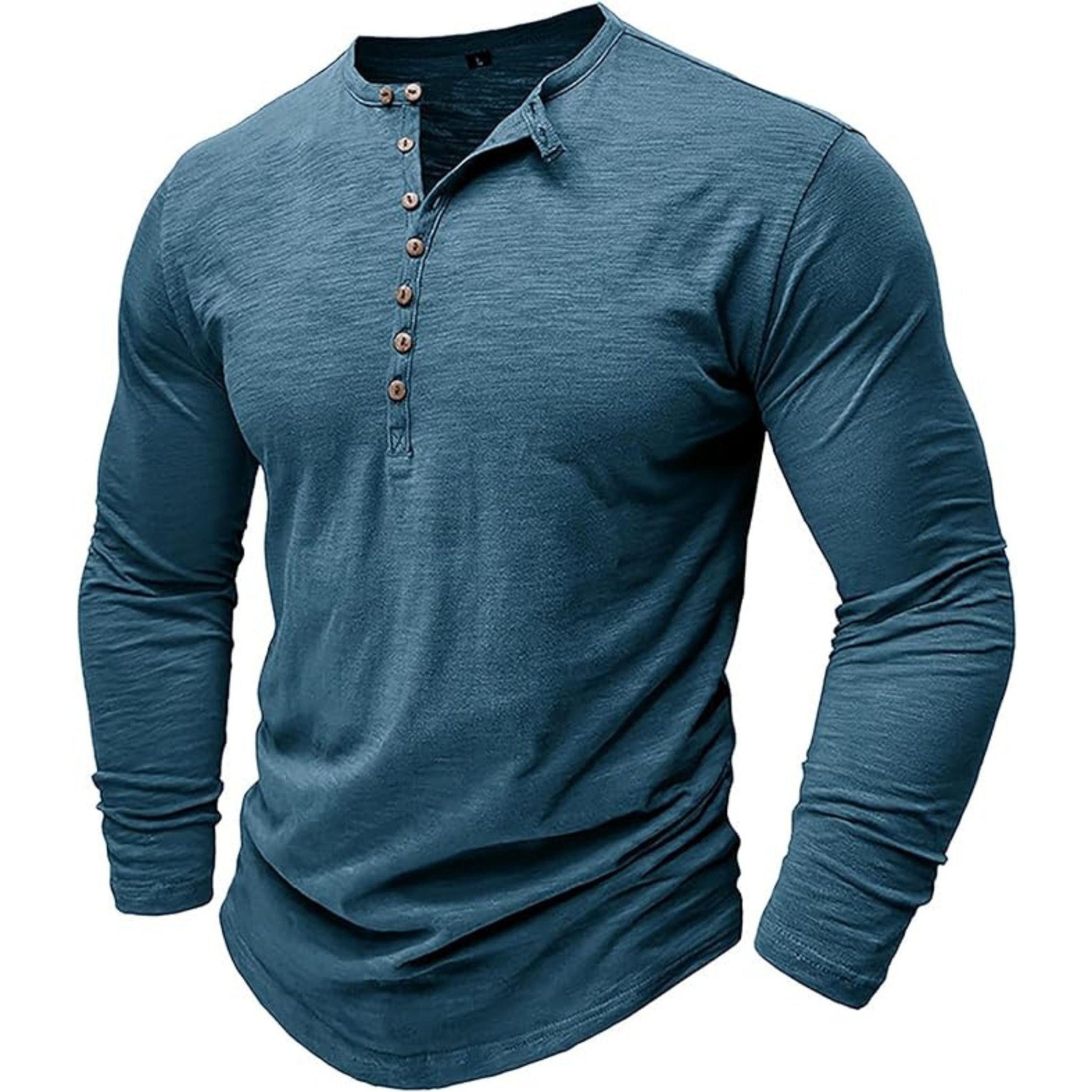 Langärmeliges T-Shirt - Herren Casual Plain Buttoned Up Henley Shirt-Blau-S-Chaps Herrenmode