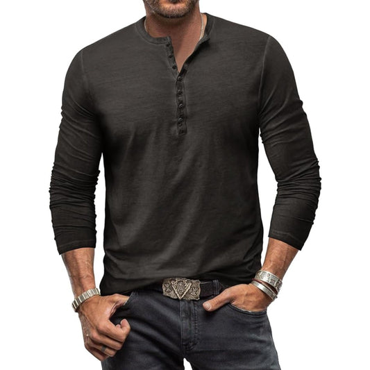 Langärmeliges T-Shirt - Herren Casual Plain Buttoned Up Henley Shirt-Chaps Herrenmode