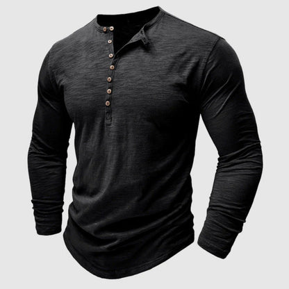 Langärmeliges T-Shirt - Herren Casual Plain Buttoned Up Henley Shirt-Schwarz-S-Chaps Herrenmode