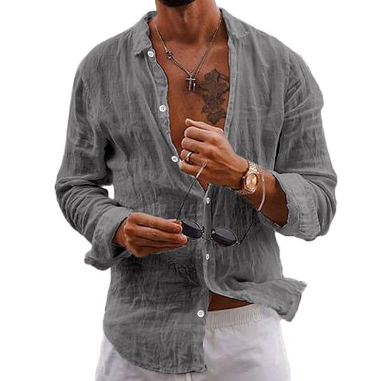 Langarmhemd - Button-Up - Leichtgewicht - Leinenhemd - Herrenhemden-Grau-S-Chaps Herrenmode
