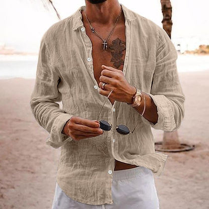 Langarmhemd - Button-Up - Leichtgewicht - Leinenhemd - Herrenhemden-Hellkhaki-S-Chaps Herrenmode