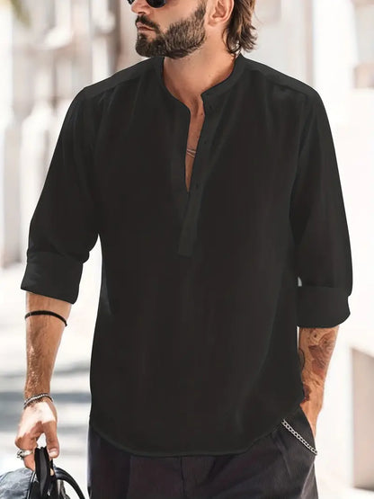 Langärmliges Hemd | Knopfleiste | Leicht | Sommerhemd | Herrenhemd-Schwarz-XS-Chaps Herrenmode