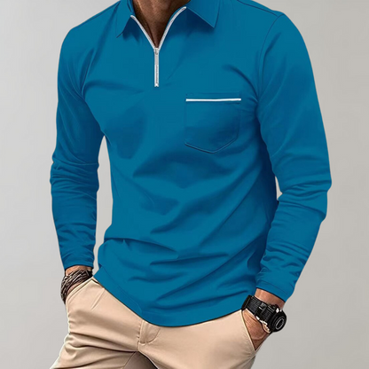 Langärmliges Poloshirt – Herren-Poloshirt mit Kragen und Viertelreißverschluss-Blau-S-Chaps Herrenmode