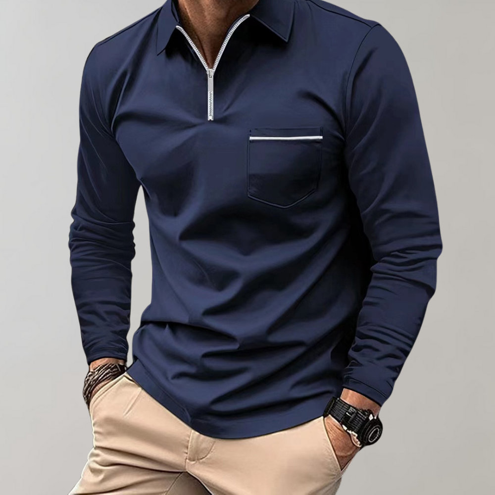 Langärmliges Poloshirt – Herren-Poloshirt mit Kragen und Viertelreißverschluss-Marineblau-S-Chaps Herrenmode