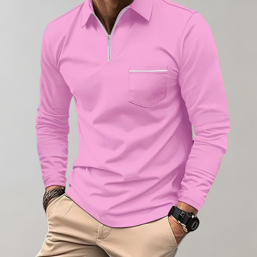 Langärmliges Poloshirt – Herren-Poloshirt mit Kragen und Viertelreißverschluss-Rosa-S-Chaps Herrenmode